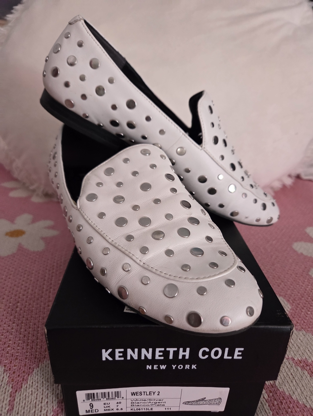 Kenneth Cole White Slip-On Loafers with Silver Studs